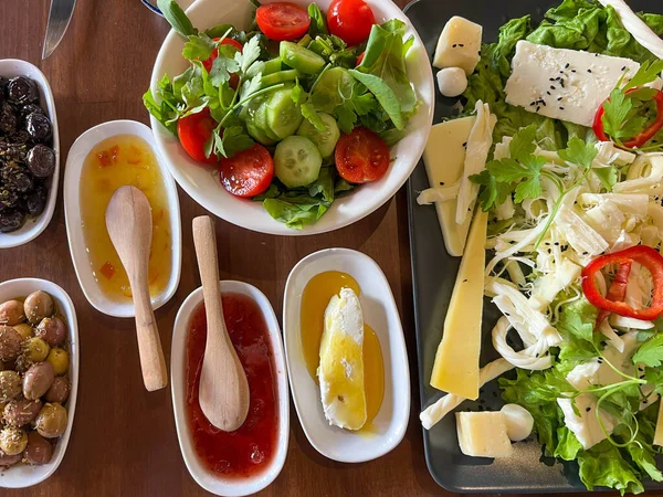 Breakfast Top View Traditional Delicious Turkish Breakfast Table Variety Cheese — ストック写真