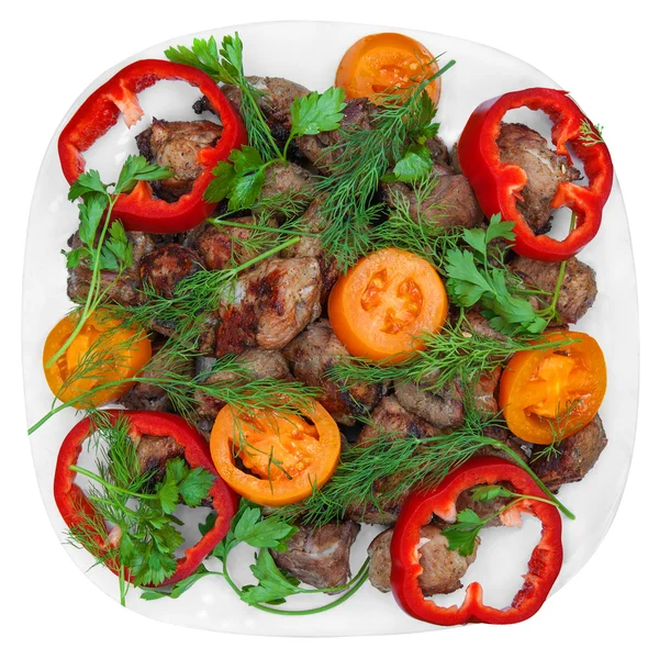 Carne grelhada (kebab) e legumes — Fotografia de Stock