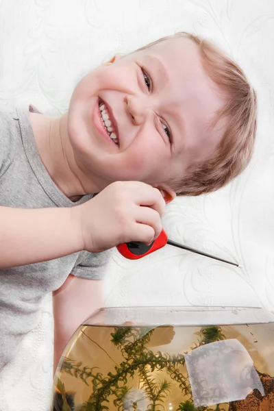 Boy catches fish in aquarium — Stock Photo, Image