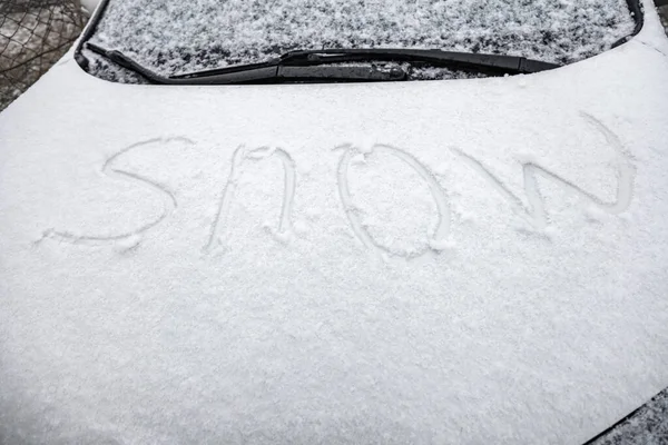 Inscription Snow Surface Car Hood Covered Snow — Stockfoto