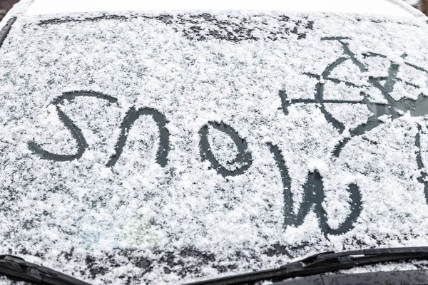 Inscription Snow Surface Car Front Windshield Covered Snow — Stok fotoğraf