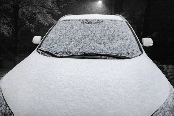 Passenger Car Covered Snow Night Snowfall — Stockfoto