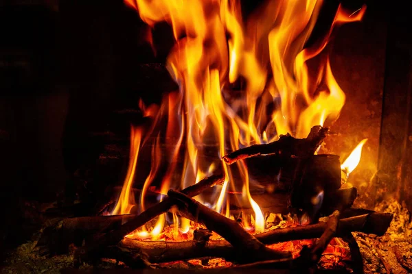 Burning Firewood Fireplace Closeup — Stock Photo, Image