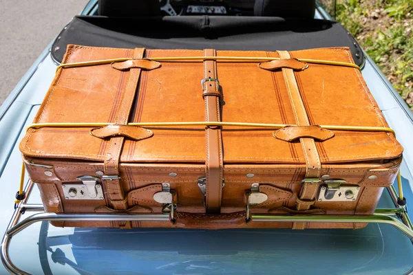 Suitcase Made Yellow Leather Trunk Old Convertible Car Stock Photo