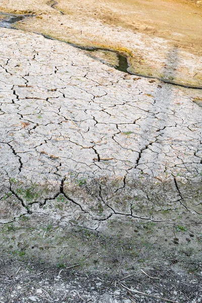 Cracked soil of a dried up river, a small stream remained