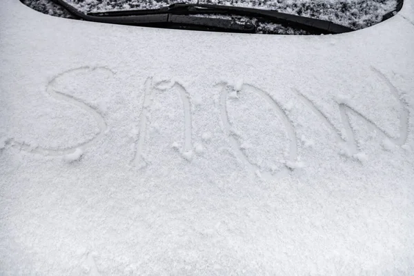 Inscription Snow Surface Car Hood Covered Snow — Stockfoto