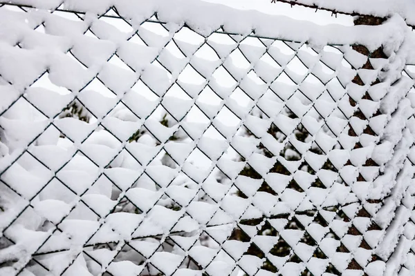 冬の雪の背景とチェーンリンクフェンスを閉じる — ストック写真