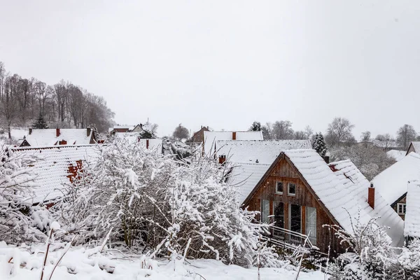 Snow Covered Roofs Houses Old Town Winter — Stock Photo, Image