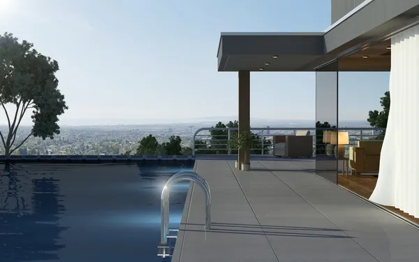 Modern ház medencével és gyönyörű kilátással — Stock Fotó