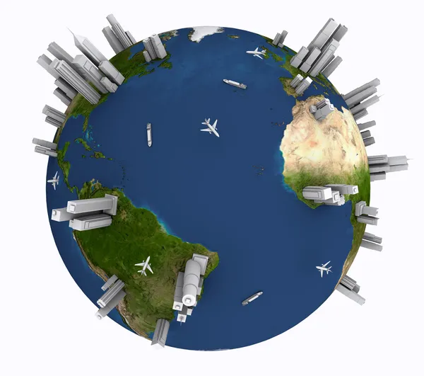 Earth with ships, planes and skyscrapers — Stock Photo, Image