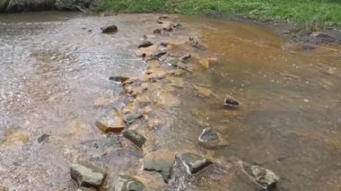 dağ nehri. Nehirlerin dibi çamurdan yapılmıştır. Hızlı su. Taşlar ve temiz su. Dar bir nehri olan manzara. dere ve şelale
