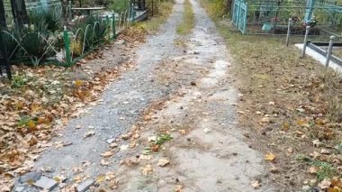Sonbaharda eski bir mezarlık. Mezar taşları. Mezarlıktaki anıtlar..