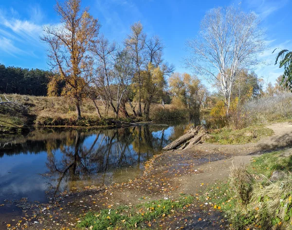 River Bank Autumn Clear Water River Yellow Leaves Water Reflection — Stock Photo, Image