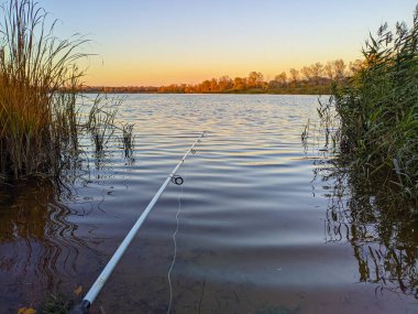 Olta ve balıkçı. Nehirde balık tutmak. Gün batımında balıkçı. balıkçılık 