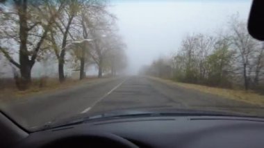 Şoför araba kullanıyor. Kötü bir yolda araba kullanmak. Camı kır. Tehlikeli bir yol. Sisteki arabanın kontrolü. Sis ve yol. Islak bir yolda araba.. 