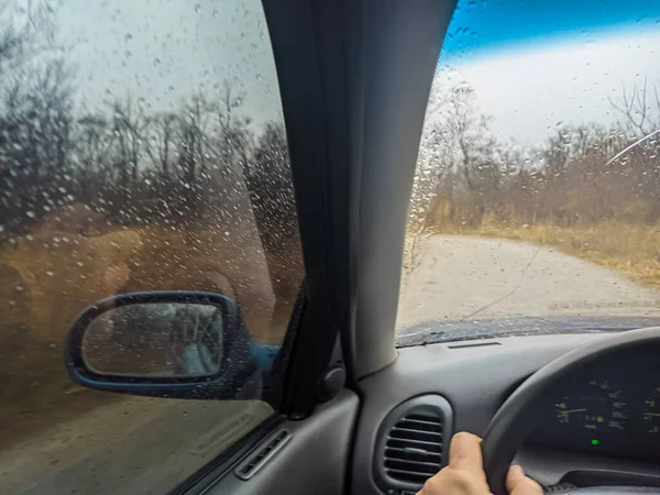 Esőcseppek Kocsi Üvegén Vezesd Kocsit Ajtóhoz Utazás Rossz Időben Vezető — Stock Fotó
