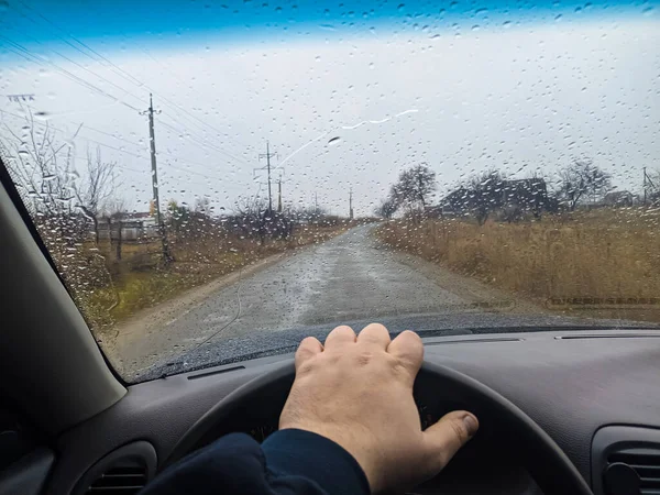 Gotas Chuva Vidro Carro Leva Carro Até Porta Viajar Mau — Fotografia de Stock