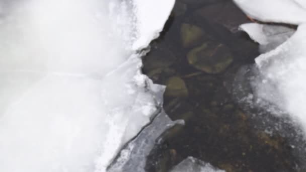 暗い水と白い氷 冷たい氷だ 解凍したパッチ 凍った川 冬に川のある風景 — ストック動画