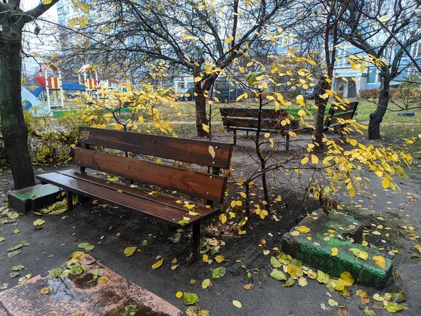 在公园里休息的地方 木制长椅街上的桌子和长椅 — 图库照片
