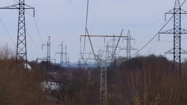 Power Transmission Lines Electrical Poles Wires High Voltage Power Lines — Stock Video