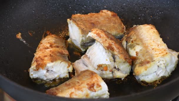 鋳鉄製の鍋にスパイスとクレスと揚げタラ魚フィレ — ストック動画