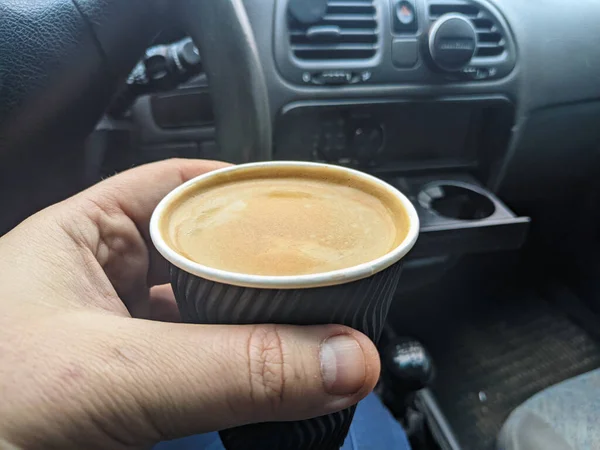 Coffee Car Man Holding Coffee Paper Cup Car Coffee Friend — Stock Photo, Image