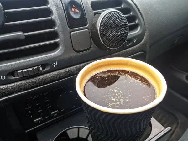 Coffee Car Man Holding Coffee Paper Cup Car Coffee Friend — Stock Photo, Image