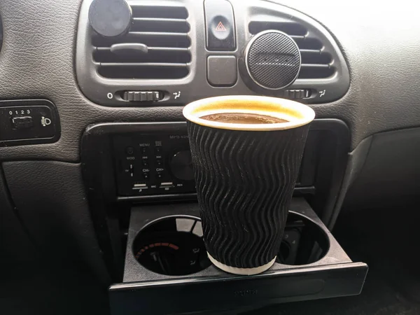 Coffee Car Man Holding Coffee Paper Cup Car Coffee Friend — Stock Photo, Image