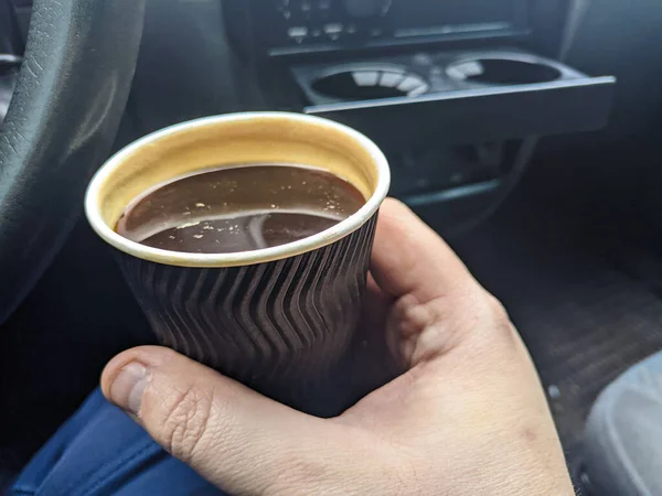 Coffee Car Man Holding Coffee Paper Cup Car Coffee Friend — Stock Photo, Image