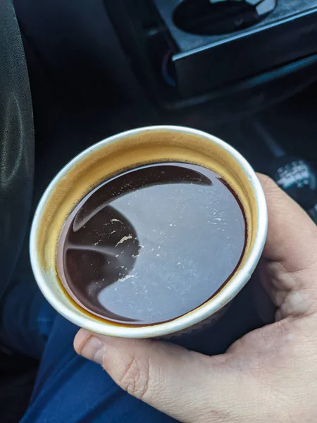 Coffee Car Man Holding Coffee Paper Cup Car Coffee Friend — Fotografia de Stock