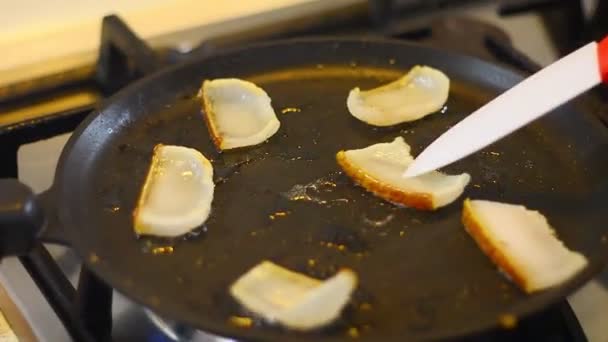 Slices Bacon White Lard Chunks Salted Bacon Dark Background Healthy — Vídeos de Stock