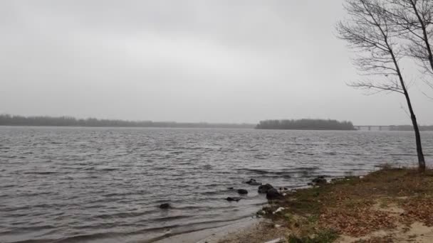 Paisagem Inverno Com Água Frente Lago Panorama Efeito Espelho Céu — Vídeo de Stock