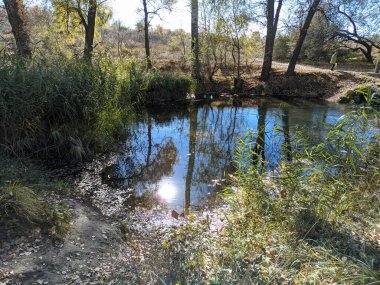 Suyla doğal manzara. Suda gün batımı ve gün doğumu. Güzel nehir. Shore Gölü. Sudaki yansıma. Su akışı. Rezervuarın kıyısında dinlenme.