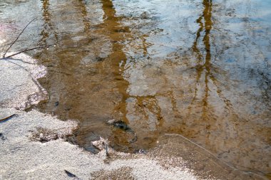 Suyla doğal manzara. Suda gün batımı ve gün doğumu. Güzel nehir. Shore Gölü. Sudaki yansıma. Su akışı. Rezervuarın kıyısında dinlenme.