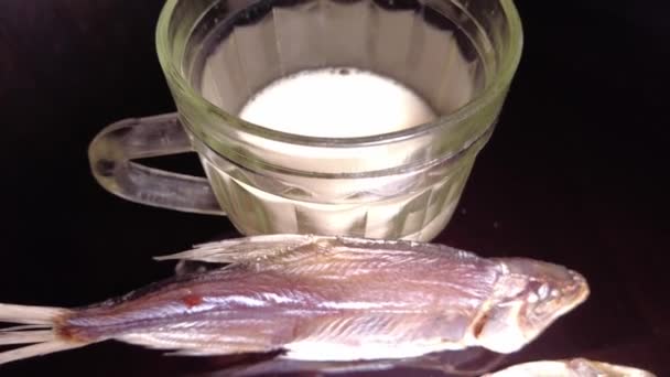 Jarra Cerveza Sobre Fondo Oscuro Vaso Cerveza Cerveza Pescado Espuma — Vídeo de stock