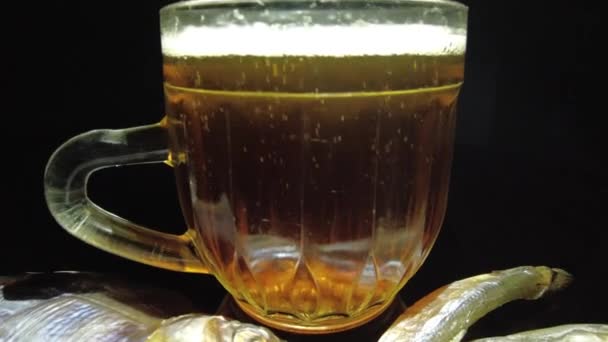 Jarra Cerveza Sobre Fondo Oscuro Vaso Cerveza Cerveza Pescado Espuma — Vídeo de stock