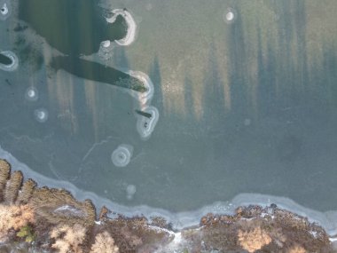 Yukarıdan suyla kaplı bir manzara. Kumlu sahil ve dalgalı okyanus manzarası. Fotoğraf yukarıdan bir dron tarafından çekildi. Doğa manzarası. Yeşil çimenli bir ormanın havadan görünüşü.