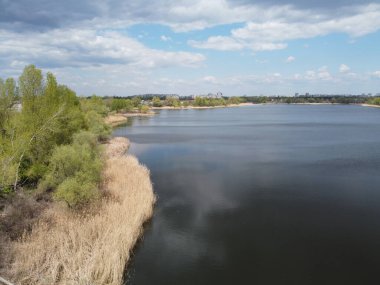 Yukarıdan suyla kaplı bir manzara. Kumlu sahil ve dalgalı okyanus manzarası. Fotoğraf yukarıdan bir dron tarafından çekildi. Doğa manzarası. Yeşil çimenli bir ormanın havadan görünüşü.