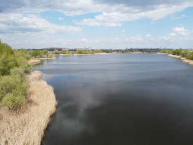 Yukarıdan suyla kaplı bir manzara. Kumlu sahil ve dalgalı okyanus manzarası. Fotoğraf yukarıdan bir dron tarafından çekildi. Doğa manzarası. Yeşil çimenli bir ormanın havadan görünüşü.