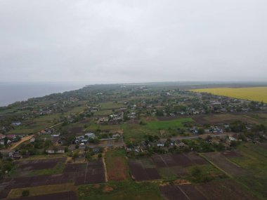 Yukarıdan suyla kaplı bir manzara. Kumlu sahil ve dalgalı okyanus manzarası. Fotoğraf yukarıdan bir dron tarafından çekildi. Doğa manzarası. Yeşil çimenli bir ormanın havadan görünüşü.