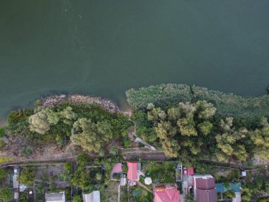 Yukarıdan suyla kaplı bir manzara. Kumlu sahil ve dalgalı okyanus manzarası. Fotoğraf yukarıdan bir dron tarafından çekildi. Doğa manzarası. Yeşil çimenli bir ormanın havadan görünüşü.