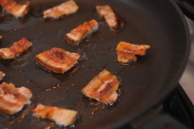 Kızarmış domuz. Kızartma tavasında domuz yağı. Pastırmayı kızartma tavasında kızarttım. Kızarmış pastırma. Katmanlı domuz yağı. Tavada kızarmış domuz yağı..