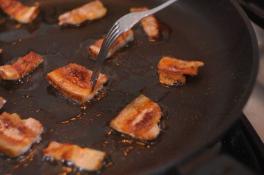 Kızarmış domuz. Kızartma tavasında domuz yağı. Pastırmayı kızartma tavasında kızarttım. Kızarmış pastırma. Katmanlı domuz yağı. Tavada kızarmış domuz yağı..