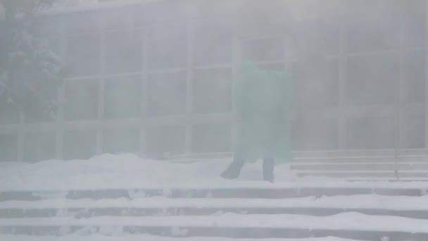 Прибирання Снігу Люди Лопають Сніг Сніг Сходах Чоловік Жінка Лопатою — стокове відео