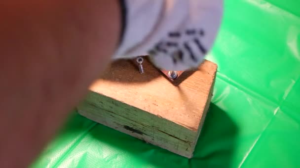 用螺丝刀拧 螺丝刀和螺丝 在车间工作 螺丝刀螺钉在金属板螺栓 螺钉和螺母 在木工车间用木料工作 — 图库视频影像