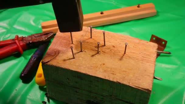 Çekiç Çivisi Çekiç Çivi Kullanarak Tahtaya Çivi Çakmaya Yakın Kırmızı — Stok video