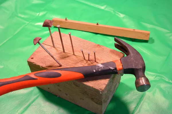 Hammering Nails Using Hammer Nail Close Hammering Nail Board Carpenter — Stock Photo, Image