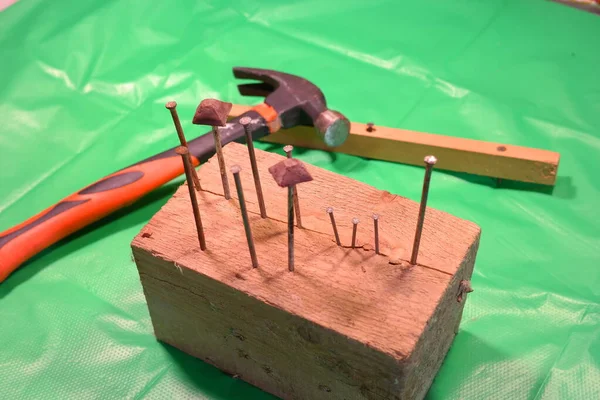 Hammering Nails Using Hammer Nail Close Hammering Nail Board Carpenter — Stock Photo, Image