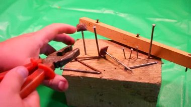 Penseyle çivi söküyorum. Marangoz kerpeteni kurtarma, yardım konsepti teması. İşçi, eğri çiviyi penseyle söküyor. Ahşap işçilerinin elleri kapalı..