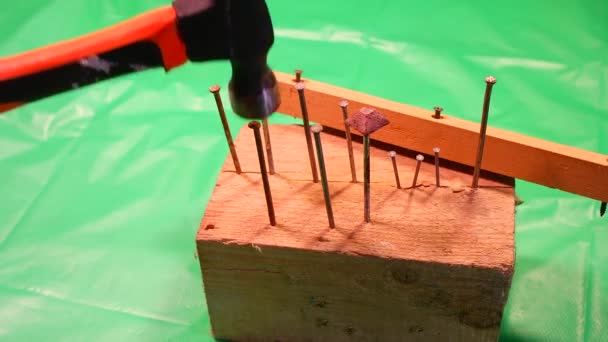 Çekiç Çivisi Çekiç Çivi Kullanarak Tahtaya Çivi Çakmaya Yakın Kırmızı — Stok video